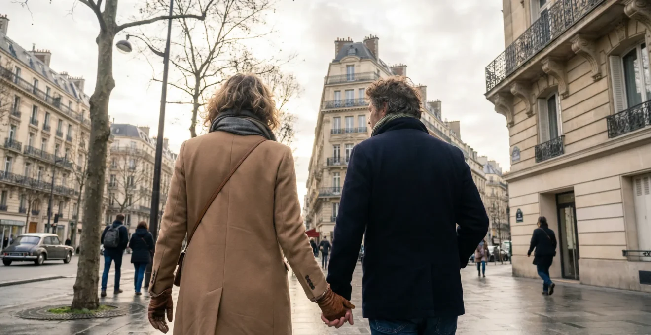 Couple visitant Paris à pied dans une rue élégante du 8e arrondissement