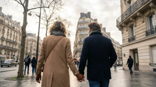 Couple visitant Paris à pied dans une rue élégante du 8e arrondissement