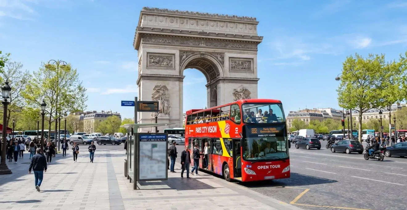 Bus touristique rouge à impériale garé devant l'Arc de Triomphe avec l'avenue des Champs-Élysées en arrière-plan sous un ciel bleu printanier