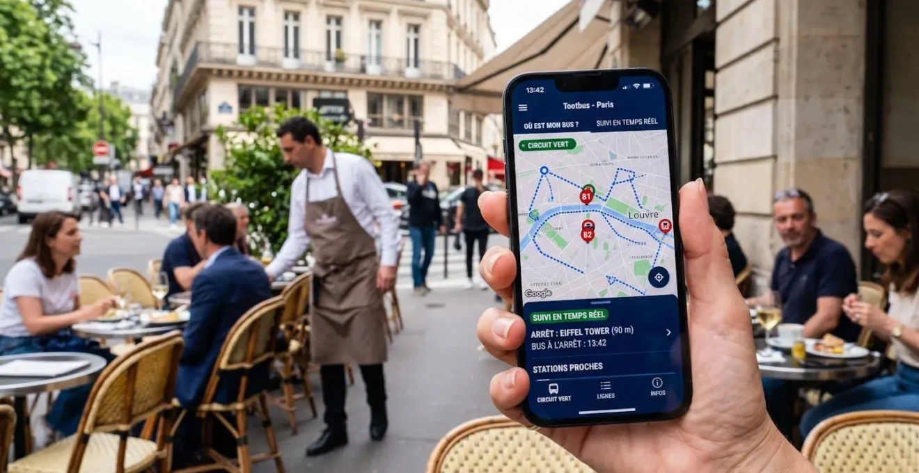 Main adulte tenant un smartphone affichant l'interface de l'application Tootbus avec une carte de Paris et le suivi en temps réel des bus